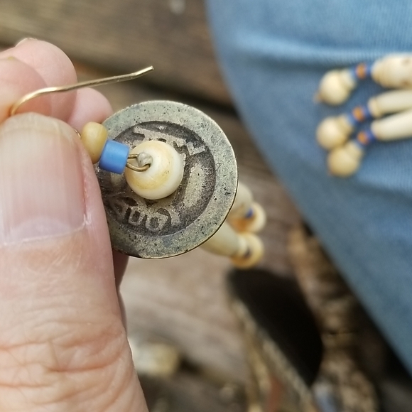Beautiful Boho Asian Earrings with antique  coins and intricate carved beads - Picture 6 of 7
